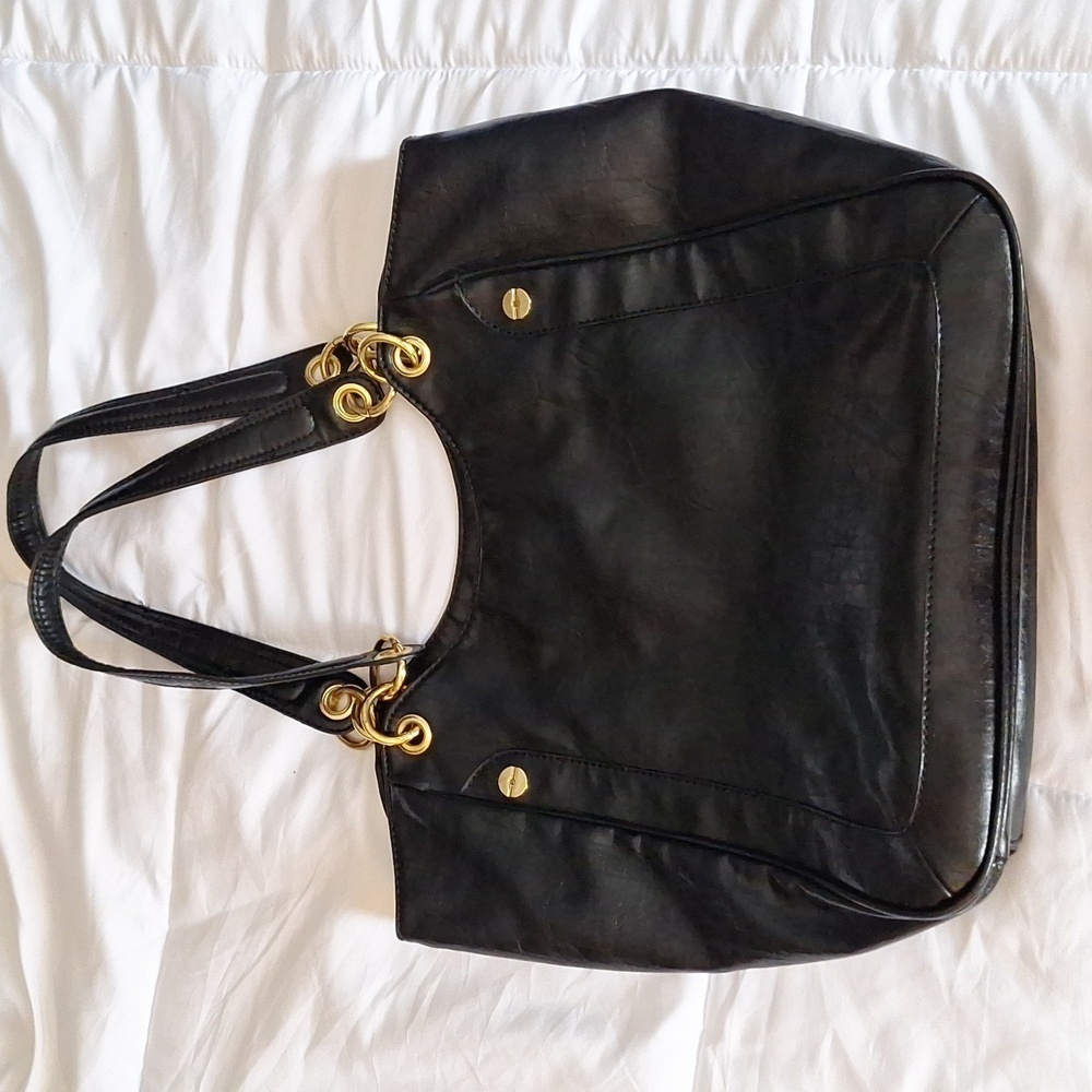 Marc Fisher black leather purse handbag gold embellishments